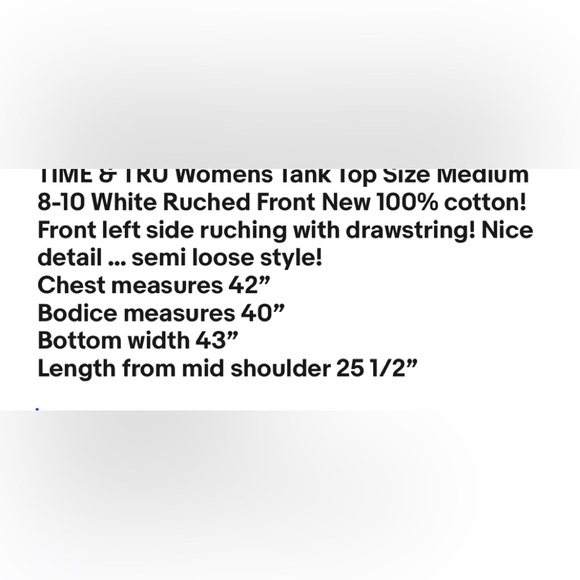 TIME & TRU Womens Tank Top Size Medium 8-10 White Ruched Front New - Picture 6 of 6